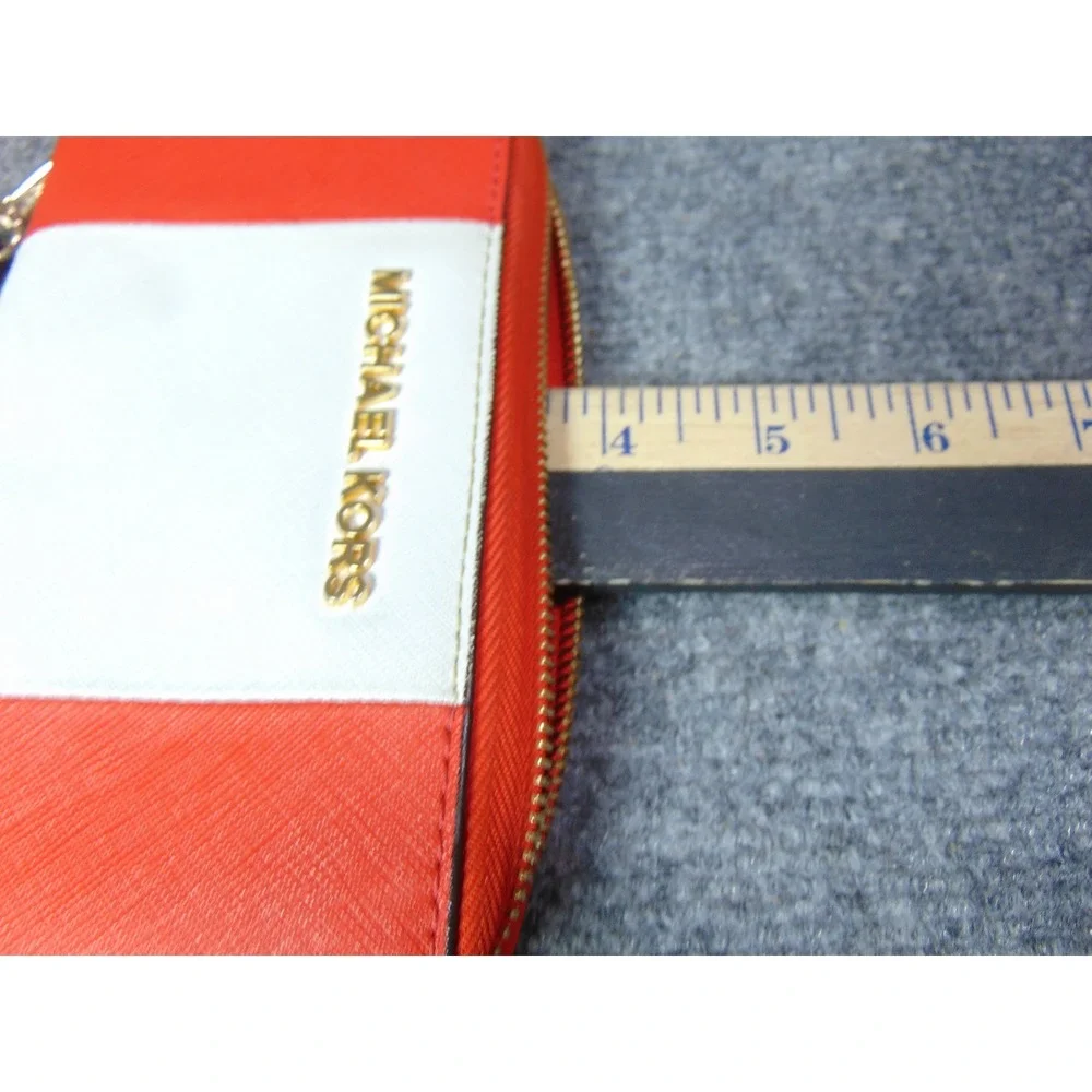 Michael Kors Orange White Stripe Zip Around Wristlet Wallet Clutch Gold Hardware - Picture 9 of 15
